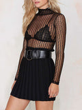 Black Sheer Blouse Sexy Striped Shirt Long Sleeves