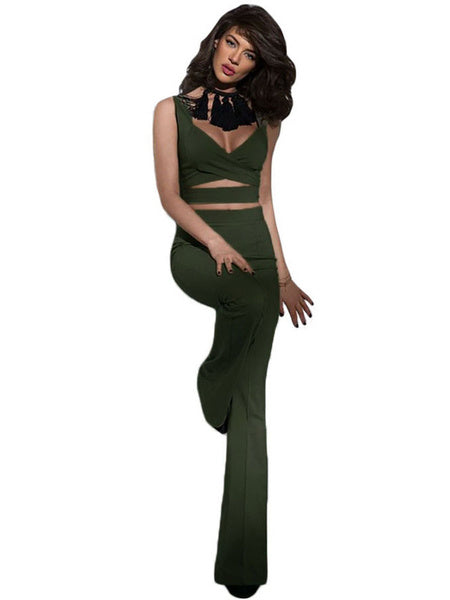 Stylish 2-Piece Outfit Women's V-neck Sleeveless Crop Top With Flare Pants