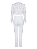 Sexy 2 Piece Outfit White Lace Round Neck Long Sleeve Cut Out Top With Pant