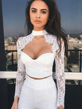 Sexy 2 Piece Outfit White Lace Round Neck Long Sleeve Cut Out Top With Pant
