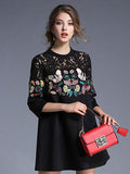 Black Shift Dress Lace Splice Crewneck Butterfly Embroidered A Line Dress For Women