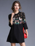Black Shift Dress Lace Splice Crewneck Butterfly Embroidered A Line Dress For Women