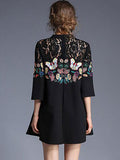 Black Shift Dress Lace Splice Crewneck Butterfly Embroidered A Line Dress For Women