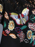 Black Shift Dress Lace Splice Crewneck Butterfly Embroidered A Line Dress For Women
