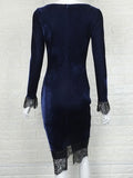 Velvet Bodycon Dress Lace Trim Split Blue Sheath Dress For Women