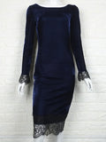 Velvet Bodycon Dress Lace Trim Split Blue Sheath Dress For Women