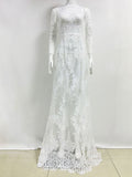 White Lace Maxi Dress Round Neck Illusion Three Quarter Length Sleeve Semi Sheer Sexy Party Dress