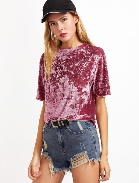 Short Sleeve T Shirt Velvet Fuchsia Round Neck Casual Top For Women