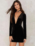 Sexy Bodycon Dress Velvet Black V Neck Long Sleeve Slim Fit Short Dress
