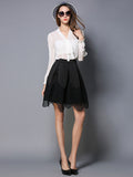 Black Skater Skirt Lace Crochet Patchwork Pleated Irregular Hem Flare Dress