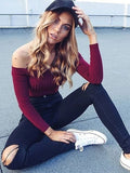 Women's Burgandy T Shirt Off The Shoulder Long Sleeve Elastic Sexy Top