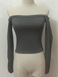 Women's Burgandy T Shirt Off The Shoulder Long Sleeve Elastic Sexy Top