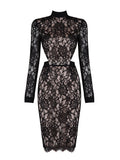 Black Lace Dress Women's Long Sleeve Illusion Bodycon Party Dress