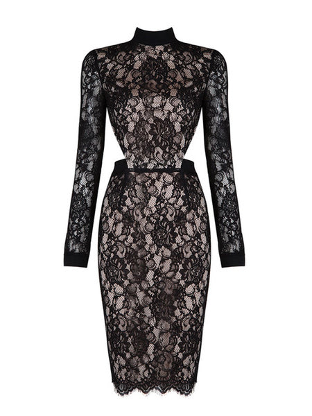 Black Lace Dress Women's Long Sleeve Illusion Bodycon Party Dress