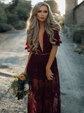 Lace Maxi Dress Women's Burgundy Chiffon Plunging Split Long Dress Sheer Cover Ups