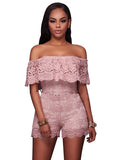 Off Shoulder Romper Women's Pink Lace Ruffle Skinny Fit Playsuit