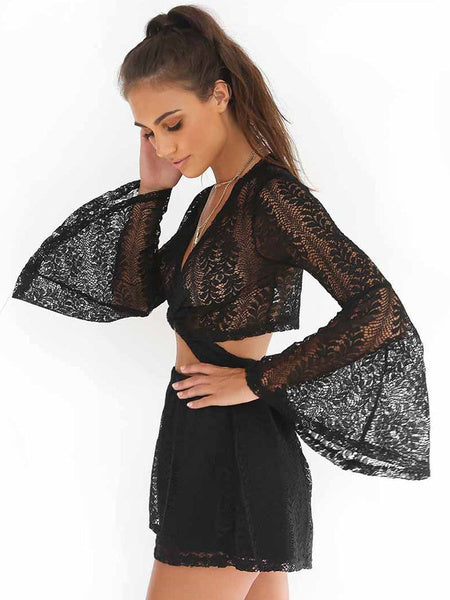 Black Lace Shorts Women's Solid Color Loose Leg Short Pants