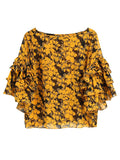 Women's Yellow Blouse Floral Printed Round Neck Half Sleeve Layered Ruffles Chic Top