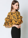 Women's Yellow Blouse Floral Printed Round Neck Half Sleeve Layered Ruffles Chic Top