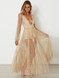Nina Semi Sheer Gold Sequin Maxi Dress