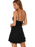 Embroidered Skater Dress V Neck Backless Pleated Sexy Black Flare Dress