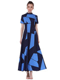 Blue Maxi Dresses Split High Collar Short Sleeve Women's Summer Long Dress