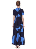 Blue Maxi Dresses Split High Collar Short Sleeve Women's Summer Long Dress
