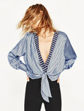 Striped Blue Blouses Plunging Long Sleeve Women's Ribbon Tie Summer Tops