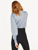 Striped Blue Blouses Plunging Long Sleeve Women's Ribbon Tie Summer Tops