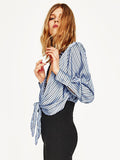 Striped Blue Blouses Plunging Long Sleeve Women's Ribbon Tie Summer Tops