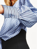 Striped Blue Blouses Plunging Long Sleeve Women's Ribbon Tie Summer Tops