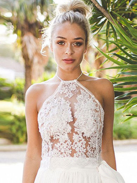 White Crop Top Lace Halter Sleeveless Semi-Sheer Casual Top