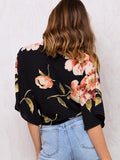 Women's Black Blouses Plunging Neck Half Sleeve Chiffon Floral Print Summer Top