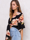 Women's Black Blouses Plunging Neck Half Sleeve Chiffon Floral Print Summer Top