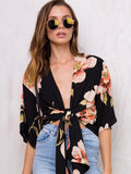 Women's Black Blouses Plunging Neck Half Sleeve Chiffon Floral Print Summer Top
