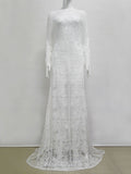 Lace Maxi Dress White Long Sleeve Round Neck Semi Sheer Backless Jacquard Long Dresses For Women