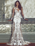 Lace Maxi Dress White Long Sleeve Round Neck Semi Sheer Backless Jacquard Long Dresses For Women