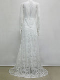 Lace Maxi Dress White Long Sleeve Round Neck Semi Sheer Backless Jacquard Long Dresses For Women
