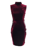 Burgundy Bodycon Dress High Collar Sleeveless Lace Up Sexy Velour Short Dresses For Women