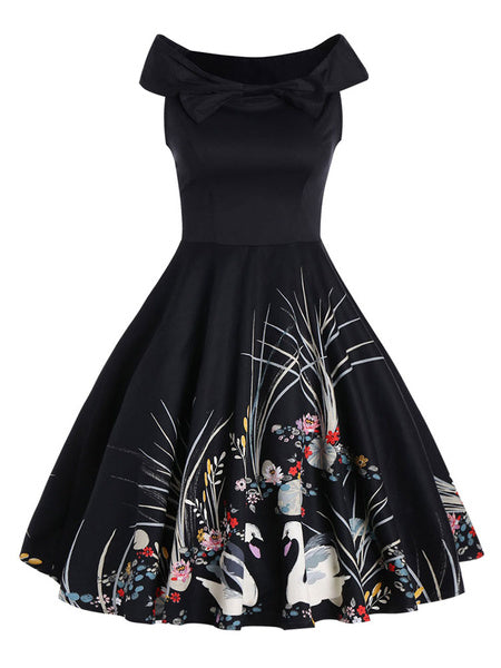 Black Vintage Dress Off The Shoulder Short Sleeve Swan Print A Line Dresses For Women