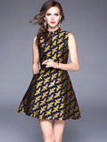 Blond Skater Dress Crewneck Sleeveless Jacquard Shaping Women's Short Dresses