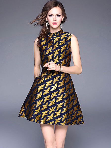 Blond Skater Dress Crewneck Sleeveless Jacquard Shaping Women's Short Dresses