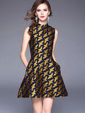 Blond Skater Dress Crewneck Sleeveless Jacquard Shaping Women's Short Dresses