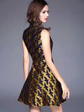 Blond Skater Dress Crewneck Sleeveless Jacquard Shaping Women's Short Dresses