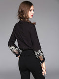 Women's Black Blouse Stand Collar Long Sleeve Embroidered Cotton Top