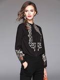 Women's Black Blouse Stand Collar Long Sleeve Embroidered Cotton Top