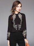 Women's Black Blouse Stand Collar Long Sleeve Embroidered Cotton Top