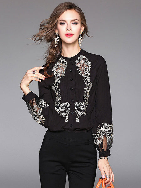 Women's Black Blouse Stand Collar Long Sleeve Embroidered Cotton Top