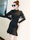 Black Bodycon Dress High Collar Long Sleeve Studded Fringe Mermaid Short Dresses For Women
