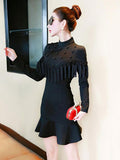 Black Bodycon Dress High Collar Long Sleeve Studded Fringe Mermaid Short Dresses For Women